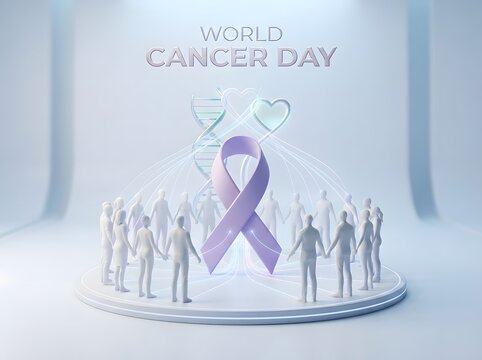 People standing in a circle holding hands around a purple world cancer day awareness ribbon