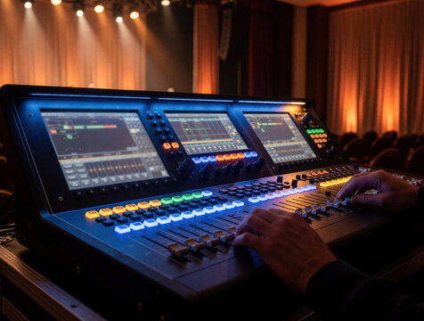 Stage lighting technician manages event illumination via digital console with three large LED screens displaying graph-like data patterns. Hands adjust sliders labeled with blueorange indicators