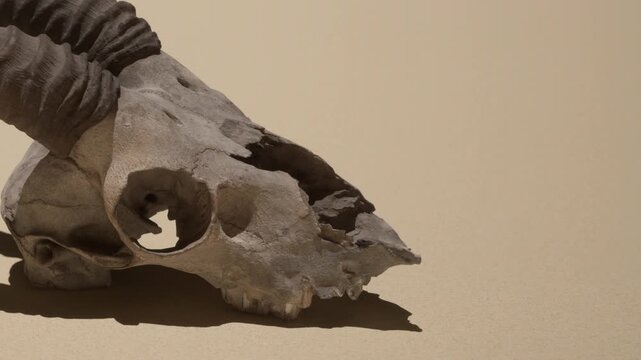 A large animal skull rests on a sandy surface. The skull shows signs of wear and has several openings. The photo captures the details of the bone structure in bright light.