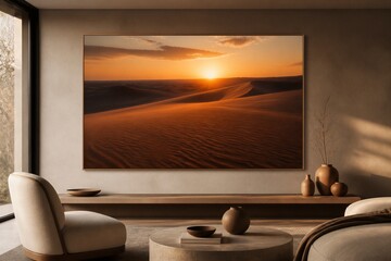 Fototapeta premium Warm desert sun sets over golden dunes. Cozy room features minimalist furniture. Soft light casts gentle shadows across walls. Modern decor blends nature with comfort