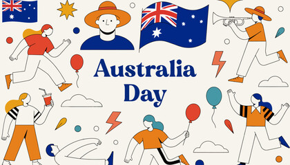 Fototapeta premium Australia Day Celebration: Diverse People, Australian Flags, Festive Icons, Fun Activities on Cream Background