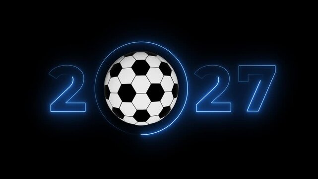 rotating soccer ball icon with blue glowing neon text 2027 inside circle vector sports motion graphics background.