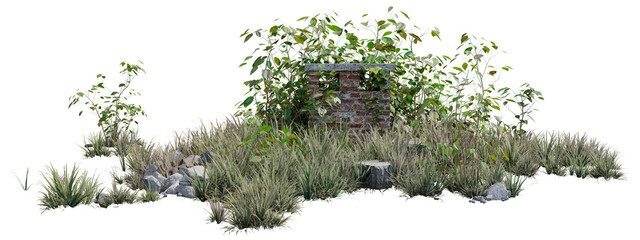 Naklejka premium 3D render of old brick chimney ruins overgrown with green plants and dry grass isolated on PNG transparent background, ideal architectural cutout asset.