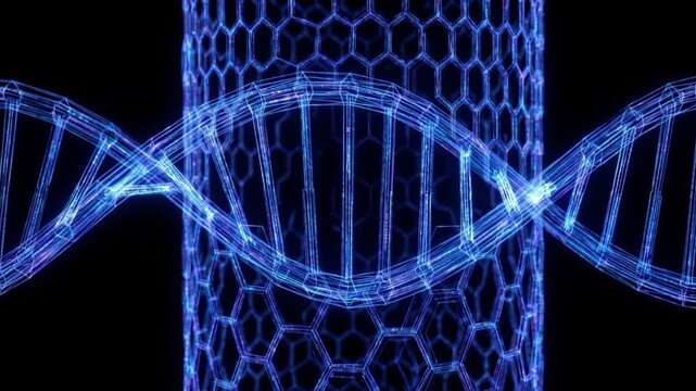 暗黒の空間で混沌としたデータの光線が強固なDNA二重螺旋とハニカム構造へと構築される暗号化の抽象背景動画