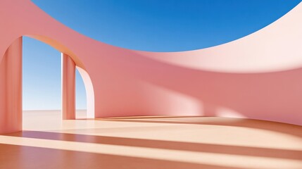 Fototapeta premium Soft pastel 3d architectural scene with arches and columns under blue sky