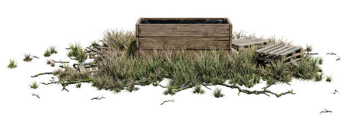 Fototapeta premium 3D render of wooden raised planter box with pallets in overgrown grass isolated on PNG transparent background, ideal garden asset cutout.