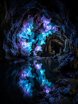 Glowing crystal formations in a cave with water reflection during twilight