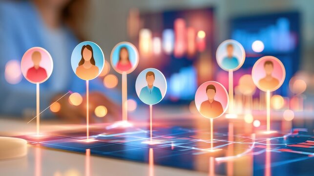 Abstract glowing user icons on digital interface with data driven network visualization