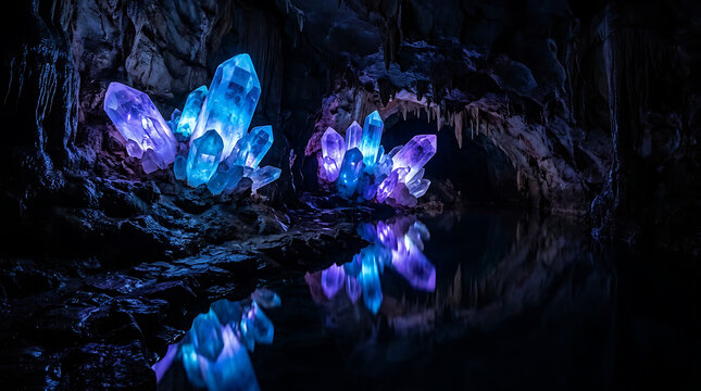 Glowing crystal formations in a cavern with reflective water during twilight