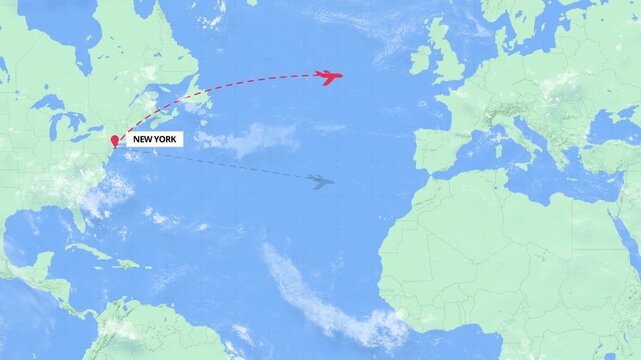 Animated flight path map showing an international travel route from New York to Riyadh on a green and blue world map.