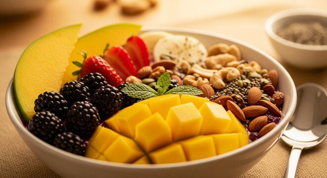 Healthy breakfast smoothie bowl with fresh mango blackberries strawberries and mixed nuts