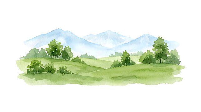 Watercolor painting of a green landscape with trees and blue mountains landscape mountains