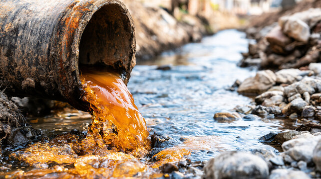 Orange Industrial Wastewater Flowing From Large Black Pipe Into Channel Stream

