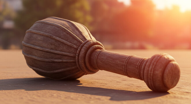 Ancient wooden gada mace resting on the ground in cinematic golden hour lighting