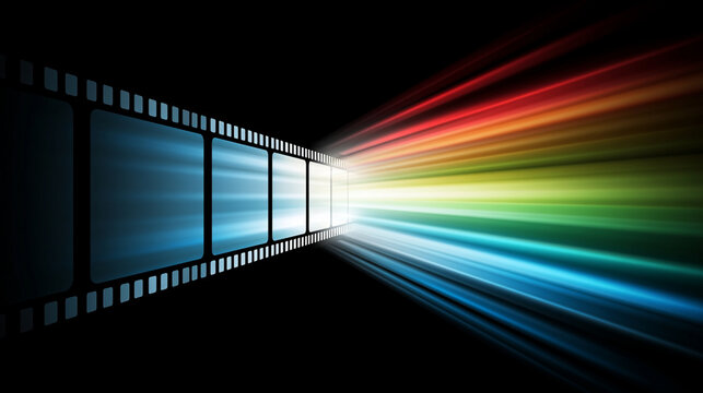 Dynamic motion blur film strip overlay glowing on colorful abstract background art


