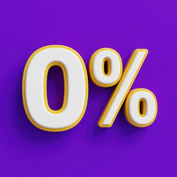 White 3D zero percent symbol with yellow outline on purple background. Glossy number 0 with percent sign represents zero interest rate, no discount free offer. Minimalist graphic element for finance,