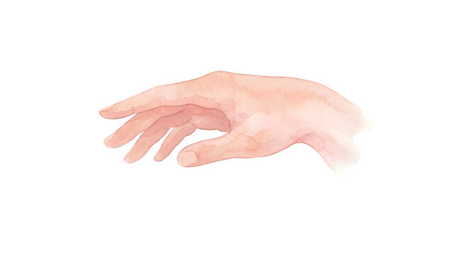 Watercolor illustration of a human hand gesturing softly on white background with watercolor