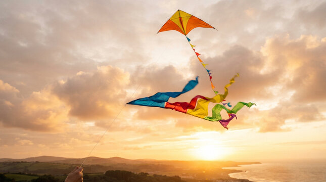 Colorful kite flying in the sunset sky over rolling hills