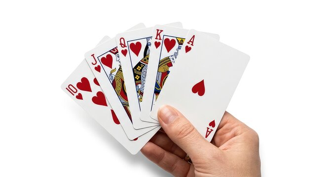 Hand holding a royal flush of hearts isolated on white background
