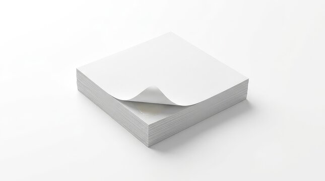 Blank white square paper stack with curled corner isolated on white background