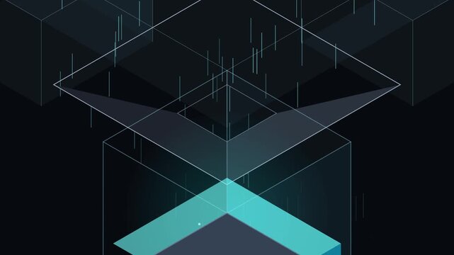 dark background with teal cube and vertical rain lines