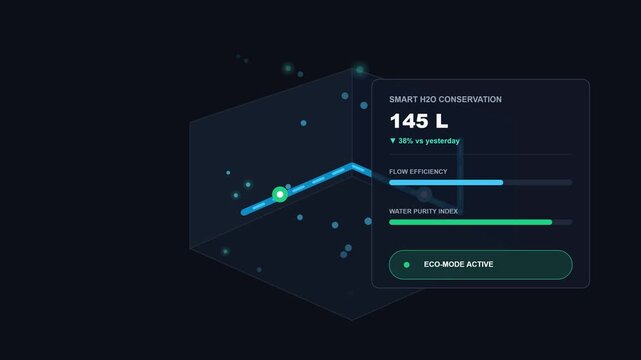 Dark screen shows 3D cube with blue line and green eco-mode