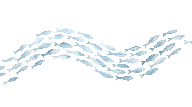 Watercolor painting of a school of blue fish swimming in a wave formation isolated on a white