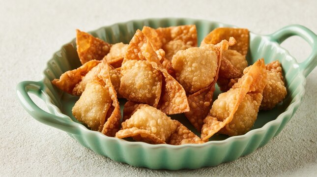 Crispy fried wontons served in small turquoise ceramic bowl. Golden pangsit goreng dumplings look delicious as tasty Asian snack appetizer. Traditional indonesian fritters with crunchy texture sit on