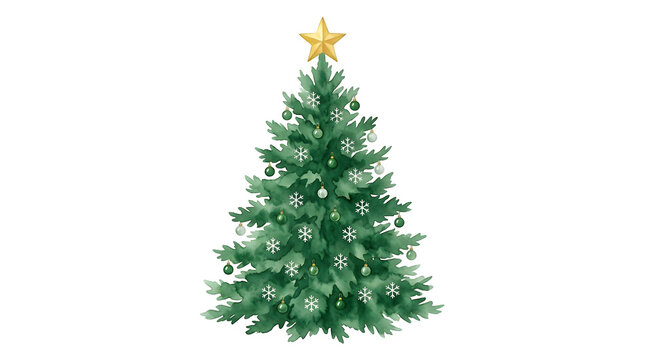Watercolor painting of a green christmas tree decorated with ornaments and a yellow star on top