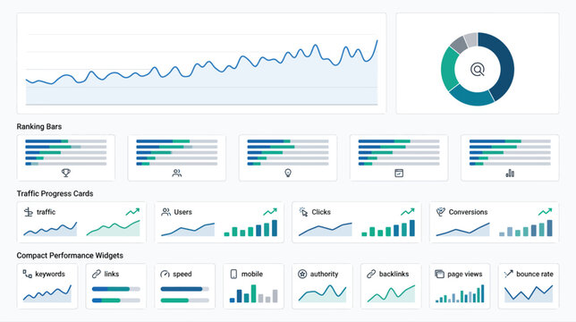 Data charts and analytics dashboard with line graphs and a pie chart visualization.