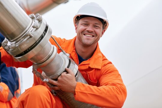 Smiling industrial operator in protective gear holding large metal pipe