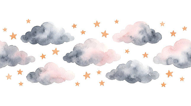 Watercolor fluffy clouds and golden stars border design on white background with watercolor