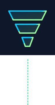 Glowing cyan and lime layered data funnel icon set against dark and white split illustration