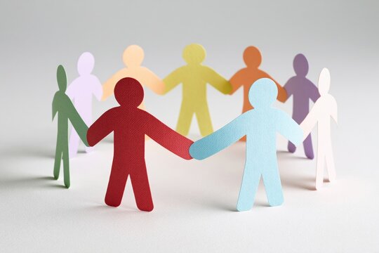 People holding hands in a paper cutout circle for unity diversity and teamwork