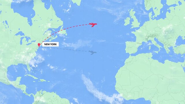 Animated flight path map showing an international travel route from New York to Tel Aviv on a green and blue world map.