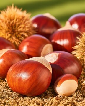 Macro still life of handful of scattered glossy chestnuts on moss with spiky husks in natural light