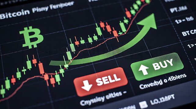 Bitcoin cryptocurrency trading chart showing buy and sell signals with rising market trend
