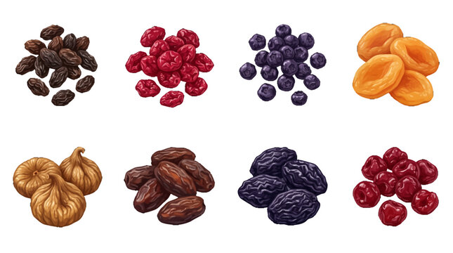 Vector Illustration Set of Assorted Dried Fruits and Berries including Apricots, Figs, Dates, and Raisins isolated on white background