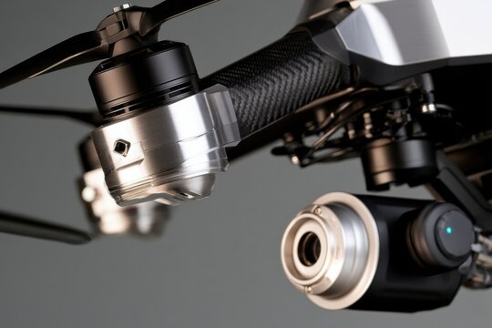 Extreme close macro product photograph of drone motor and camera, showing high tech materials for logistics