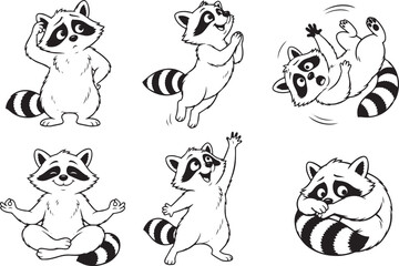 Obraz premium A set of raccoons. Hand drawn vector illustration