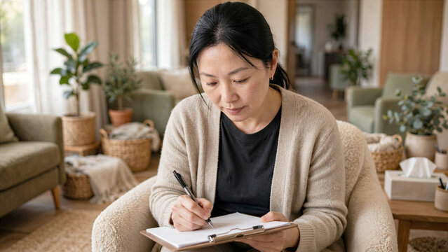 Asian female patient in her 40s carefully filling out medical intake form on clipboard in clinic waiting room