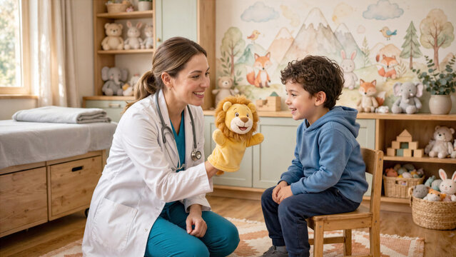 Cheerful female pediatrician playing with hand puppet to comfort little boy during routine medical checkup
