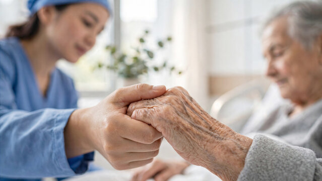 Close up shot of compassionate nurse holding hands of senior patient in comfortable healthcare facility setting