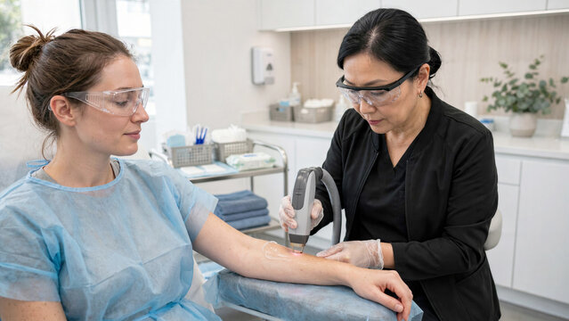 Female patient receiving laser hair removal cosmetic procedure on arm from specialist in modern esthetics clinic