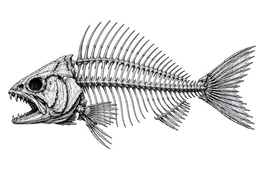 Ancient Fossil Fish Skeleton Black and White Engraving Illustration
