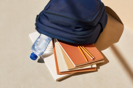 Still life of open school backpack with notebooks and supplies lying on sunlit floor