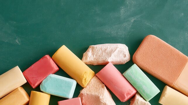 Coloured chalk sticks, some broken, in tactile still life on green chalkboard background