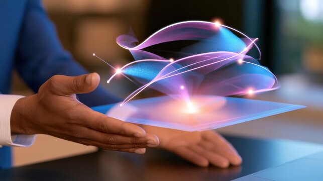 Businessman holding translucent device with glowing volumetric holographic technology concept