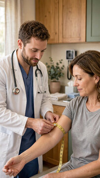 Male GP measuring patient upper arm circumference using flexible measuring tape during medical evaluation