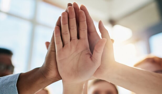 Team work and collaboration of diverse colleagues for business success and unity